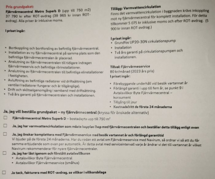 Svensk text om uppvärmningssystem, priser, ROT-avdrag, garantier och beställningsalternativ.