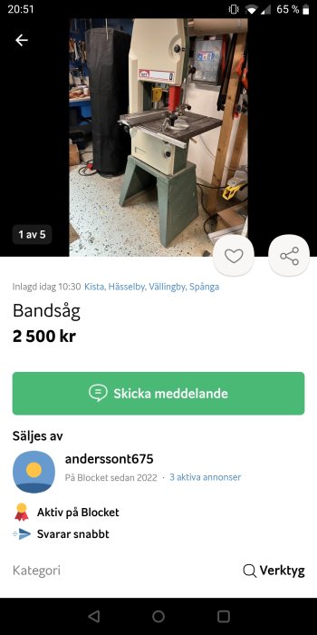 Bild på bandsåg till salu på online marknadsplats för 2500 kronor.