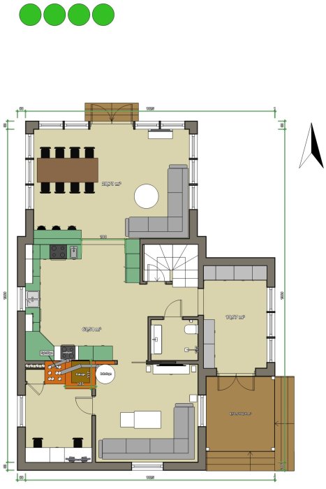 Arkitektonisk ritning, planlösning för lägenhet, möblerad, dimensioner, gröna kontrollcirklar upptill.