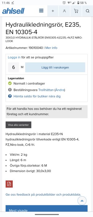 Webbsida som visar en produktlista för hydraulikledningsrör, detaljerad beskrivning, lagerstatus och inloggning för priser.