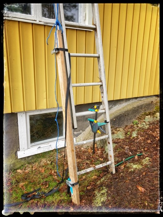 Stegar fäst vid fasad med rep och klämmor, improviserad lösning, säkerhetsrisk, gult hus, grönt gräs, dagtid.