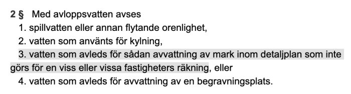 Text om definition av avloppsvatten inkluderar spillvatten, kylning, markavvattning, begravningsplatsavvattning.