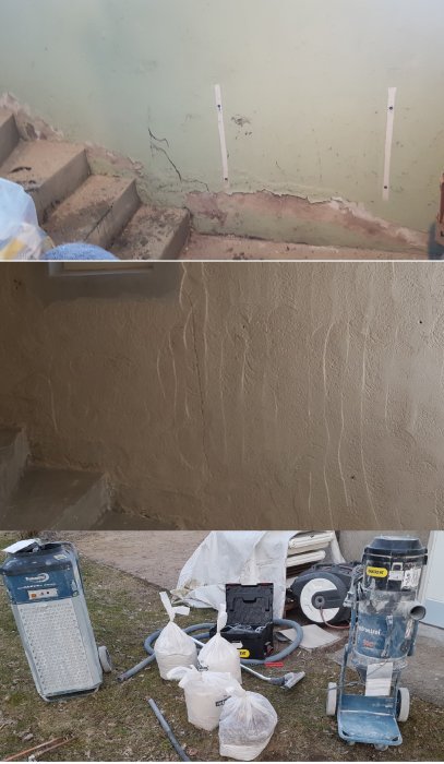 Renovering, putsarbete, betongblandare, verktyg, byggavfall, förbättring, arbetsplats.