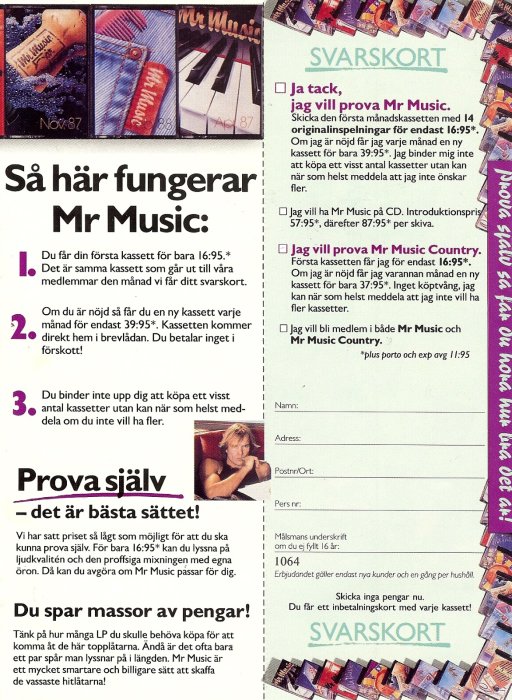 Reklam för musikkassettklubb, erbjuder introduktionserbjudande, beställningskort, retro känsla, svensk text, person i hörnet.