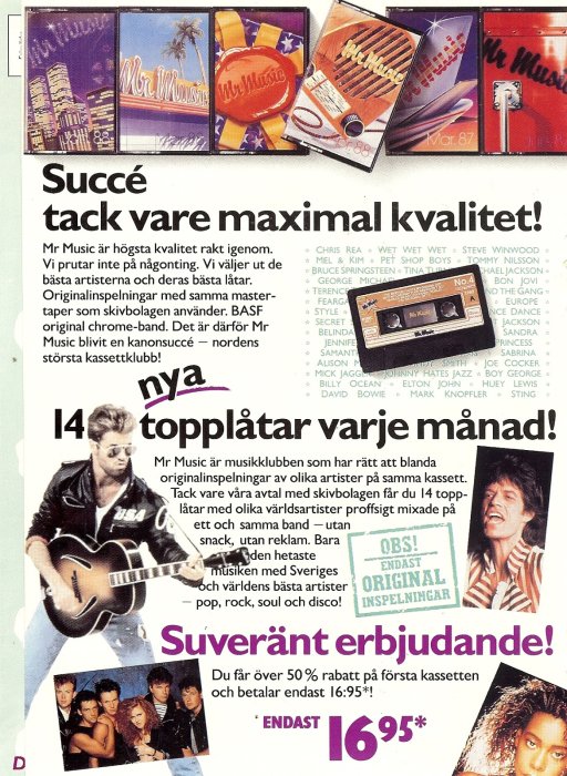 Reklam för Mr Music kassettklubb, erbjudande på blandade topplåtar, pop-rock-disco, kända artister, 16:95 kronor.