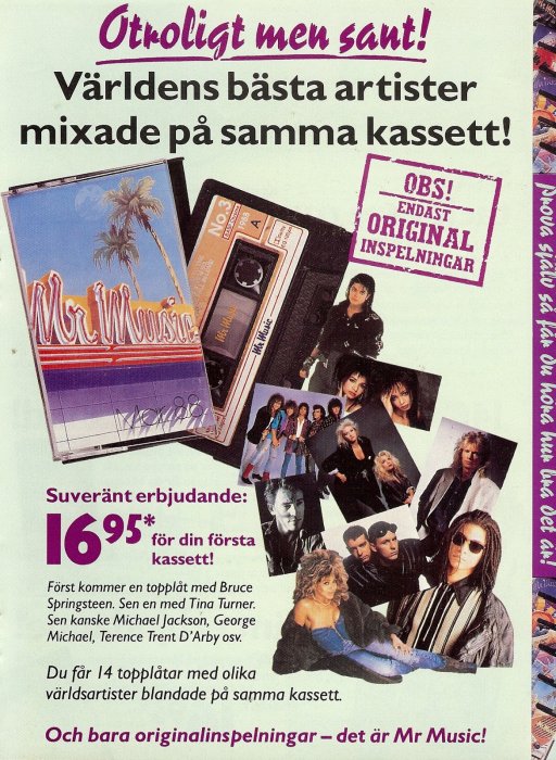 Reklam för musikkassett med blandade artister, Mr Music, påstås innehålla originalinspelningar, retrodesign med erbjudandepris.