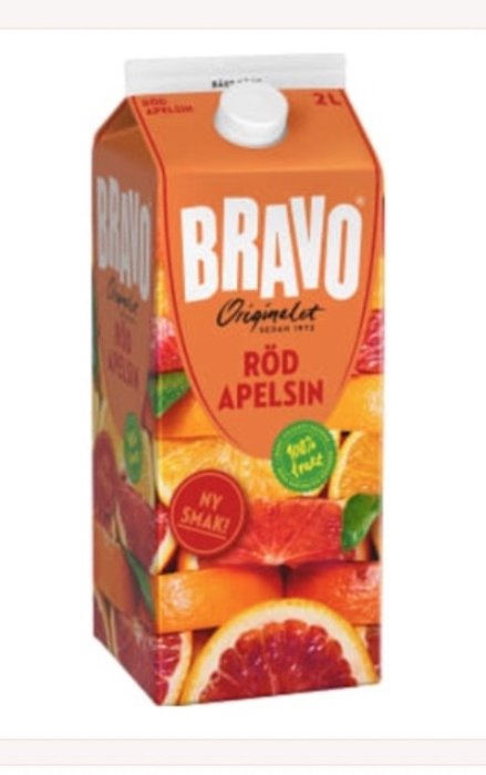 Tvåliters juiceförpackning, Bravo, röd apelsinsmak, nyhet, färska citrusbilder, vit kapsyl.