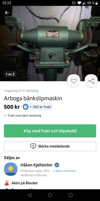 Grönt bordslipmaskin från Arboga, till salu för 500 SEK på köp-och-sälj plattform.