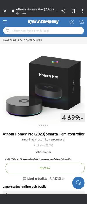 Athom Homey Pro (2023) Smarta Hem-controller produktbild, pris 4699 SEK, på Kjell & Company webbsida.