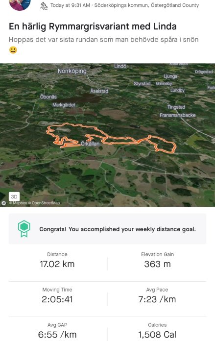 Aktivitetsapp visar 17 km löprunda med höjdstigning på 363 m, möjlig snö, uppfyllt veckomål.