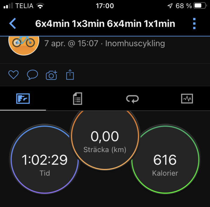 Skärmavbild av träningsapp visar inomhuscykling, tid 1:02:29, 0 km, 616 kalorier förbrukade.