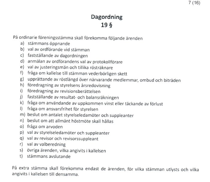 Svensk text, dagordning med punkter för föreningsstämmas ärenden, formell struktur, sidnummer 7 av 16.