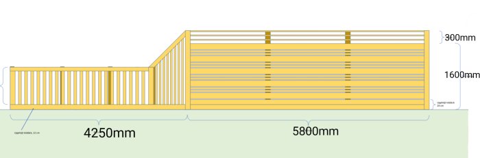 Arkitektonisk ritning av staket, visar höjdmått och längd, gult och blått, skiss- och designlayout.