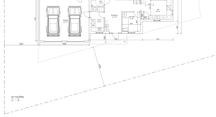 Arkitektonisk ritning av bottenvåning i ett hus med garage, entréhall, gästrum och kök.