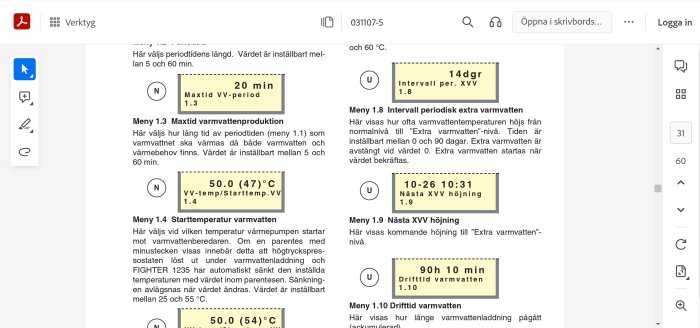 Skärmbild av användargränssnitt för värme- eller vattensystem med instruktioner och inställningsvärden på svenska.