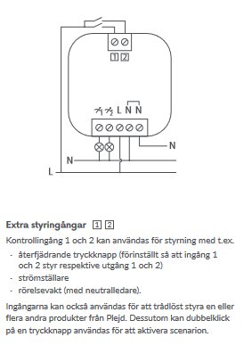 Diagram av en strömställare med märkningar för installation och extra styrningsåtgärder, avgörande för elektrisk anslutning.