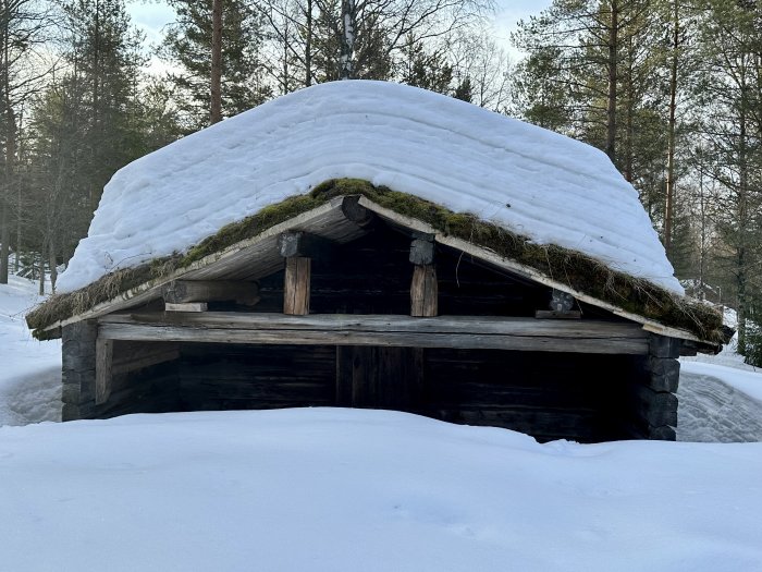 Traditionellt trähus med grästak täckt av tjockt snölager, omgivet av snö och träd.