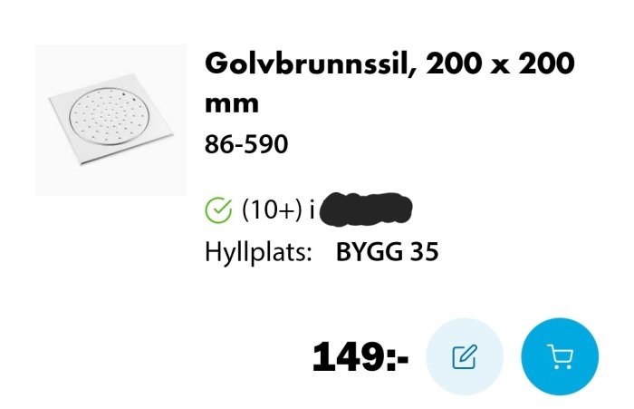 En golvbrunnssil i kvadratisk form på en online-butiksproduktannons med pris och lagerstatusinformation.