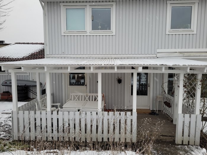 Grått trähus, veranda, snö på taket, staket, vinterdag.