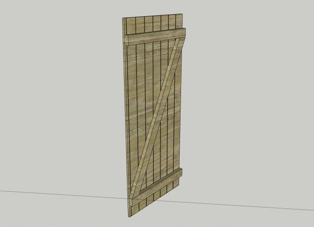 3D-modell av en träpanelport, vertikala och diagonala reglar, enkel grafik, grå bakgrund.