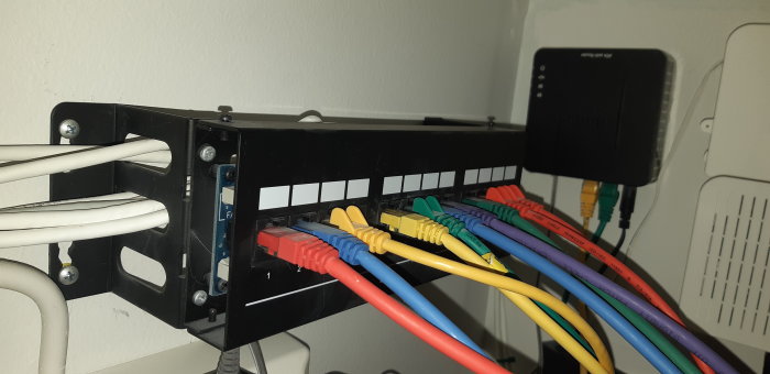 Nätverksswitch med många Ethernet-kablar och väggfäste i ett teknikrum.