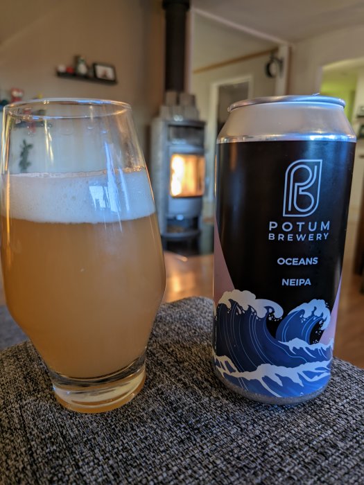 Ölglas med skum, burk från Potum Brewery, OCEANS NEIPA, mysigt rum, tänd braskamin.