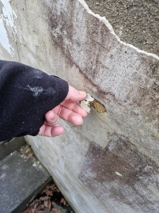 Person pekar på skada i grå betongvägg, hål synligt, slitage och mögel, nära marken.