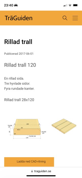 Webbsida för TräGuiden visar information och ritning av rillad trallbräda med mått och detaljer.