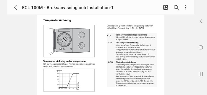 Svensk bruksanvisning för värmestyrningssystem, går igenom temperatursänkningsfunktioner och inställningar.