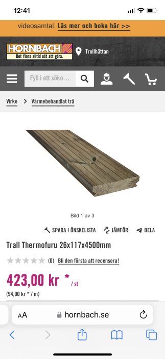 Skärmdump av en mobil visar en trallprodukt på Hornbachs webbsida, med prisinformation och sökfunktion.