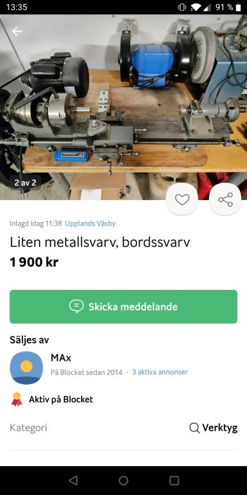 Liten metallsvets till försäljning på Blocket, visad på arbetsbänk, med verktygstillbehör.