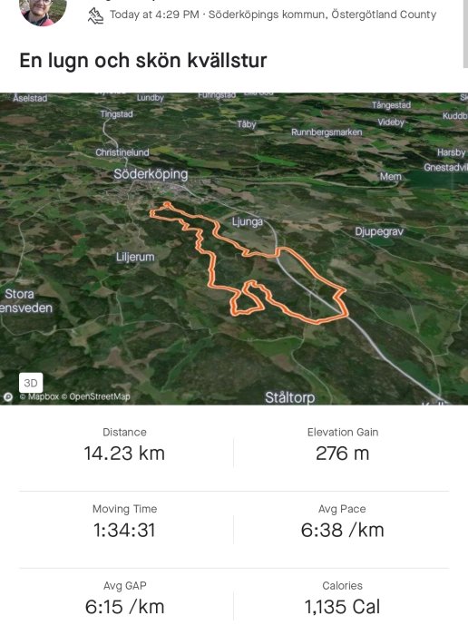 En skärmdump av en spårningsapp som visar en 14.23 km lång löprunda nära Söderköping, Sverige, med statistik.