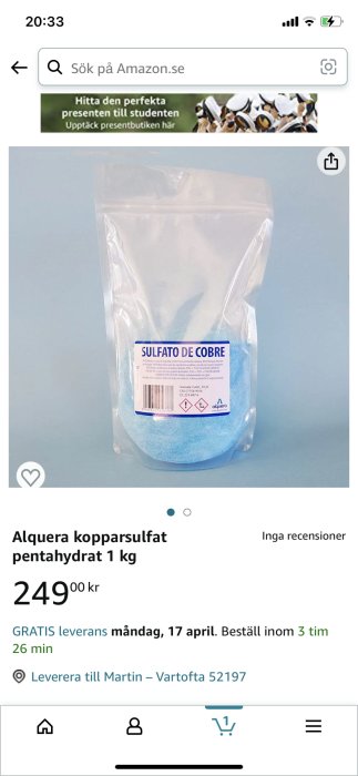 E-handelssida som visar kopparsulfat pentahydrat, 1 kg förpackning, pris 249 kronor.