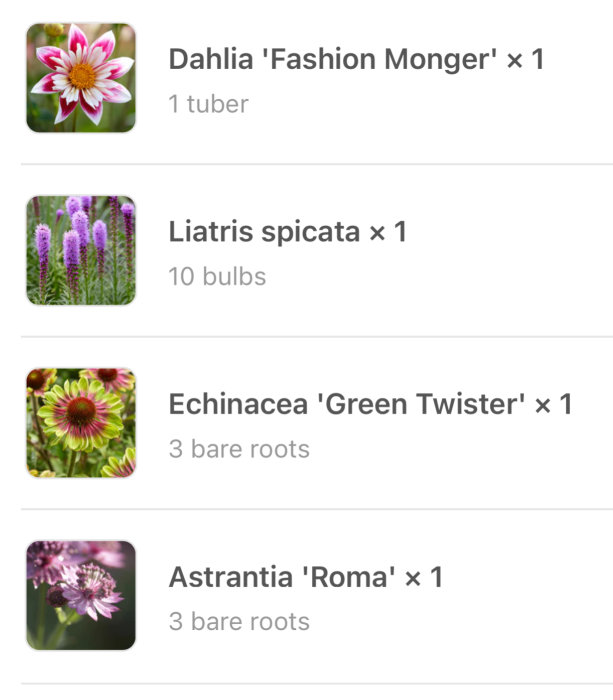 Trädgårdsapp visar fyra olika växtsorter för plantering med kvantitet och planttyp.