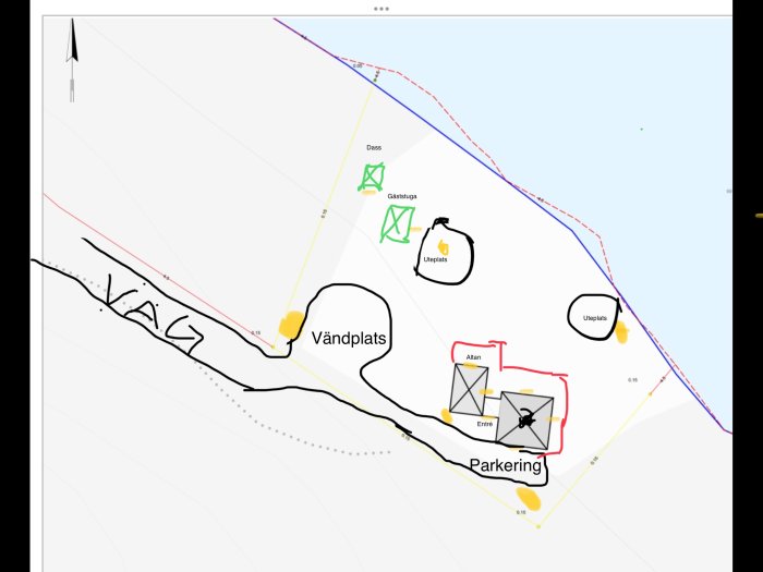 En färglagd karta över ett område med markerade platser för vändplatser, parkering, dass och gäststuga.