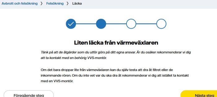 Webbsida, steg-för-steg guide, lösa läckage, varmväxlare, rekommendationer, VVS-relaterat innehåll.