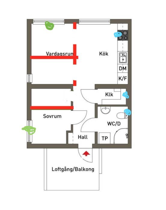 Ritning av lägenhet med vardagsrum, kök, sovrum, klädkammare, badrum, hall och balkong.