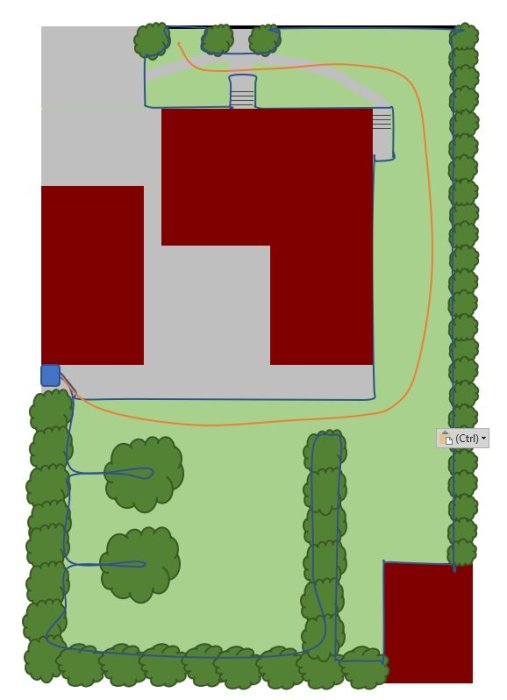 Schematisk trädgårdsplan med röda byggnader, gångvägar, träd, häckar och gräsområden.