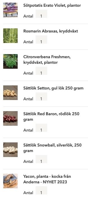 Olika växtarter och lökpaket listade för trädgårdsplantering; örter, sättlök och sötpotatis inkluderas.