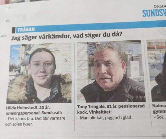 Tidningsurklipp med två personers åsikter om vårkänslor, inkluderar deras namn, ålder, yrken.