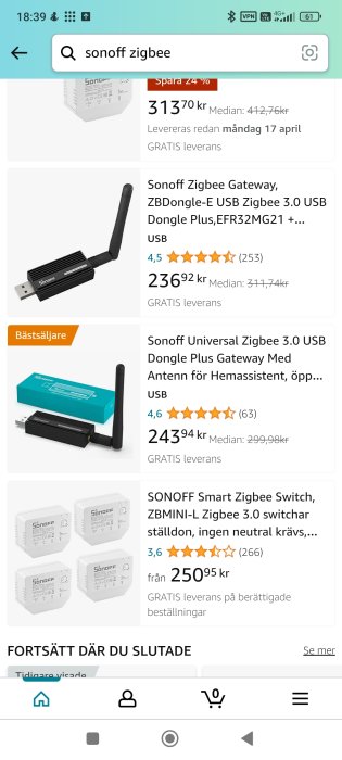 Skärmdump av onlinebutik med sökning för 'sonoff zigbee' som visar olika produkter, priser och kundomdömen.