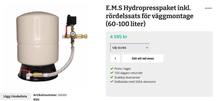 Tryckkärl för vatten, hydrofor, med rördelar och mätare, för väggmontering, produktinformation, prisangivelse.