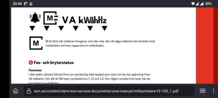 Skärmklipp visar en bruksanvisning för el-mätare, symboler för funktioner och fasstatus med beskrivande text.