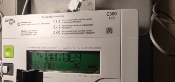 Elmätare, E360 LTE, display siffror, energiförbrukning kWh, anvisningar på svenska, enhet monterad på vägg.