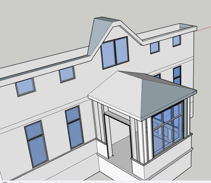 3D-modell av ett hus med takfönster, veranda och flera fönster. Digitalt ritat, grå och blå färger.