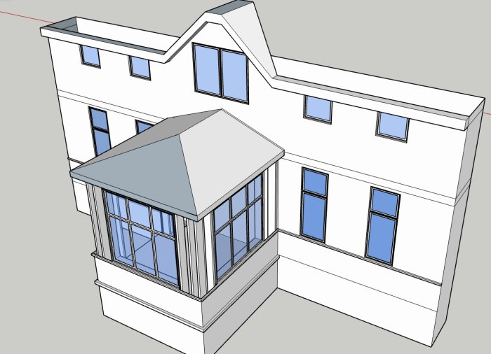 3D-modell av ett tvåvåningshus med tillbyggnad och många fönster, ritad i CAD-program.