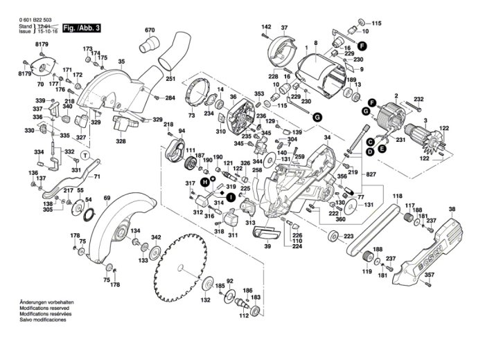 Exploded view diagram of a power tool with labeled parts and reference numbers.