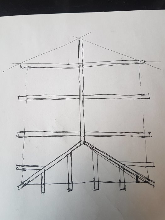 Ritning av symmetrisk träkonstruktion, eventuell arkitekturidé, med bjälkar och stolpar, skissartad, enkel.