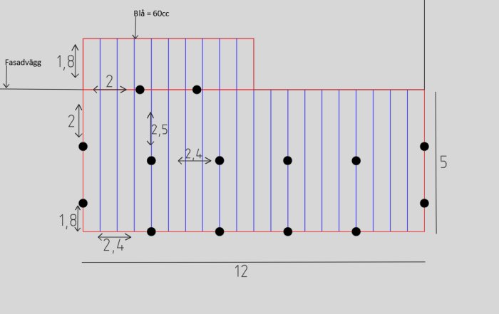 Teknisk ritning, blå linjer troligen rörledningar, måttangivelser, svarta punkter, röd omkrets.