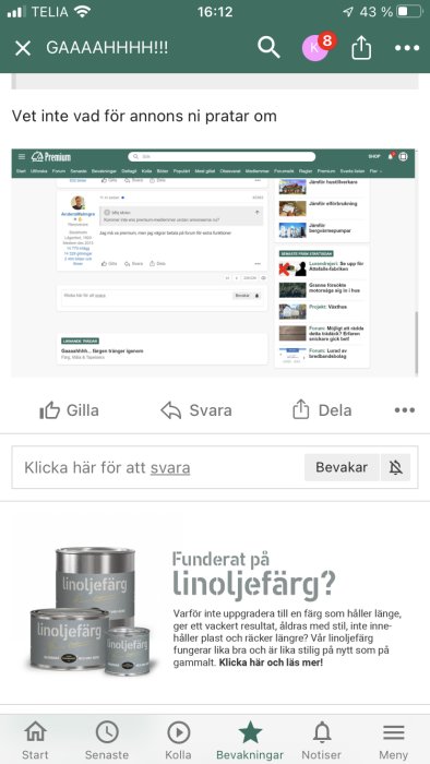 Skärmbild av en webbplats med forumtrådar, meddelanden och annonser för linoljefärg. Användare uttrycker frustration över reklamen.